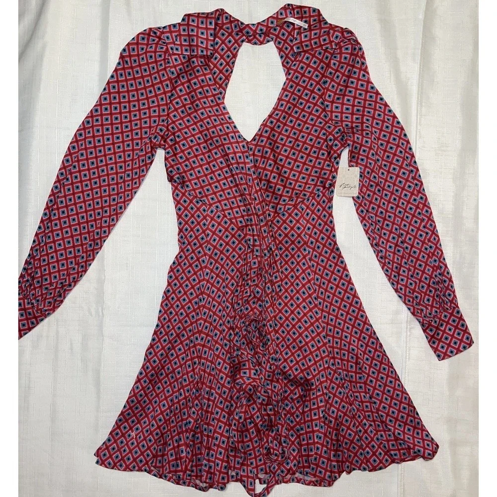 Free People It Takes Two Mini Dress Women Size XS Open Back Wrap Skater Pink Red